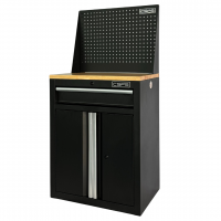 Tool cabinet 61cm - 01 black drawer with wooden plank with mesh wall (white handle)