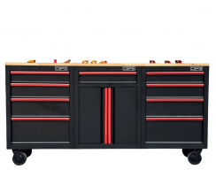 CSPS Matt Black Tool Cabinet 183cm with Wooden Top - 9 Drawers (Red Handles)
