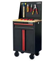 CSPS Black tool cabinet 61cm with wooden top and pegboard & casters – 01 drawer (Red Handles)