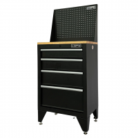 CSPS 61cm Black Tool Cabinet with Wooden Top, Pegboard, Casters – 4 Drawers (white handles)